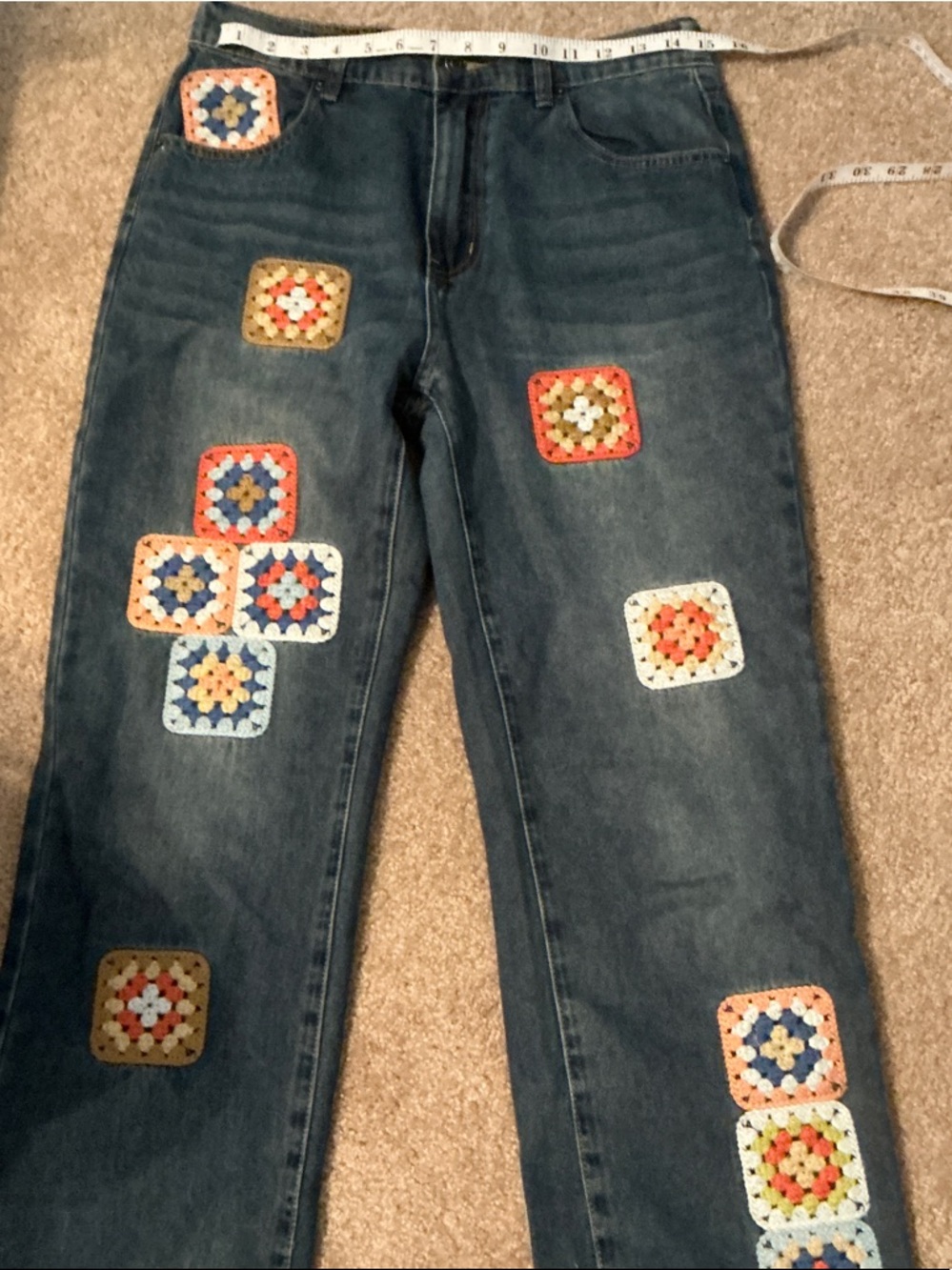 Oli and Hali Blue Straight-Leg Jeans with Multicolor Crochet Patches